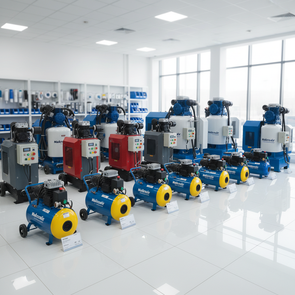 An array of different Makroair Kompresör branded air compressors arranged in a spacious, bright showroom, from compact portable units to large stationary industrial models, each with clean labels and color-coded controls. The machines are lined up on a smooth white floor with discrete information placards in front of each unit. Large windows allow soft daylight to flood in, enhanced by neutral overhead lighting that eliminates harsh shadows and highlights product details. The composition is shot from a slightly elevated angle, showcasing the full product range in sharp focus, with a clean, lightly blurred background hinting at shelves of accessories and filters. The mood is professional, organized, and inviting, reflecting a trustworthy sales environment with photographic realism and a modern, minimalist aesthetic.