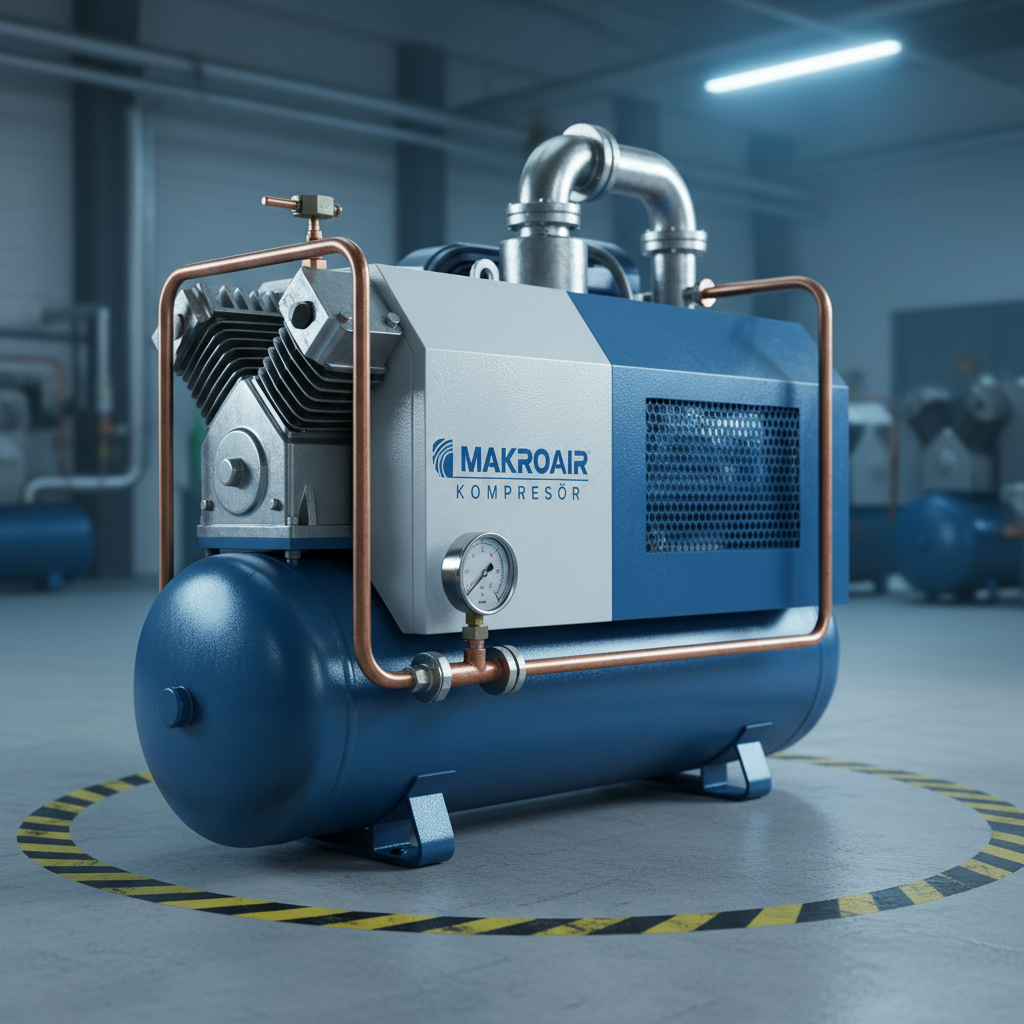 A close-up view of a high-performance rotary screw air compressor in Makroair Kompresör colors, its textured metal panels and precisely machined fittings rendered in sharp photographic detail. The machine stands on a polished epoxy factory floor, with yellow safety markings faintly visible around its base. Soft, cool studio-style lighting from above and slightly to the side creates subtle highlights along the edges and clear reflections on the pressure gauge glass. The background is intentionally out of focus, hinting at a clean industrial interior with organized pipes and silent machinery. Shot from a slightly low angle to emphasize power and robustness, the mood is confident and technical, perfectly suited to a professional industrial equipment brand.