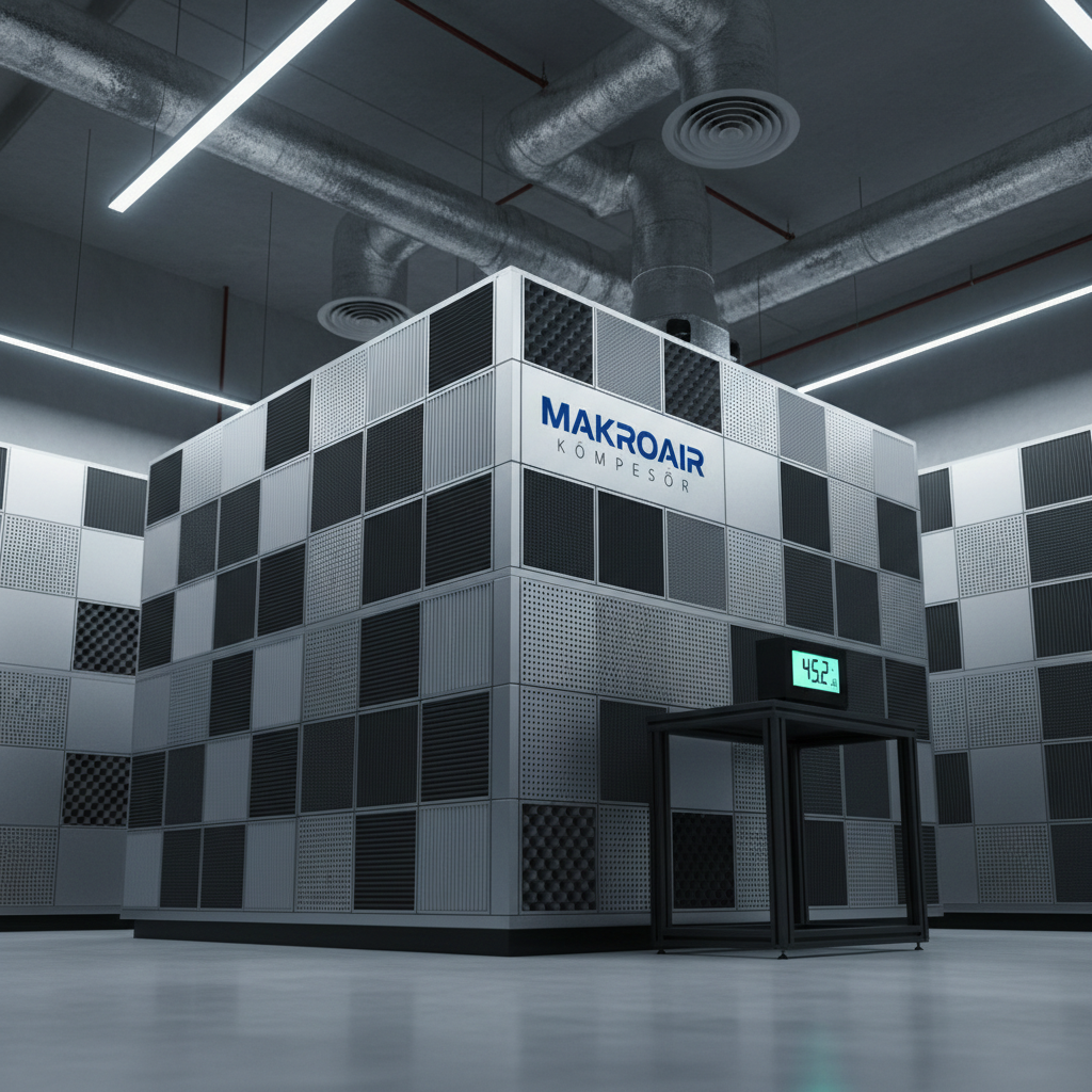 A modern industrial facility corner featuring a Makroair Kompresör compressor encased in an acoustic enclosure, with sound-absorbing panel textures clearly visible on the housing and nearby walls. A decibel meter rests on a low equipment stand in the foreground, its digital screen easily readable. The smooth concrete floor reflects a faint sheen from overhead LED fixtures, which provide cool, uniform lighting and subtle shadows. Shot from a slightly low, three-quarter angle to emphasize the enclosure design, the background shows softly blurred ducting and air outlets organized neatly along the ceiling. The photographic realism and clean, calm atmosphere communicate quiet operation, energy efficiency, and advanced engineering suitable for noise-sensitive production environments.