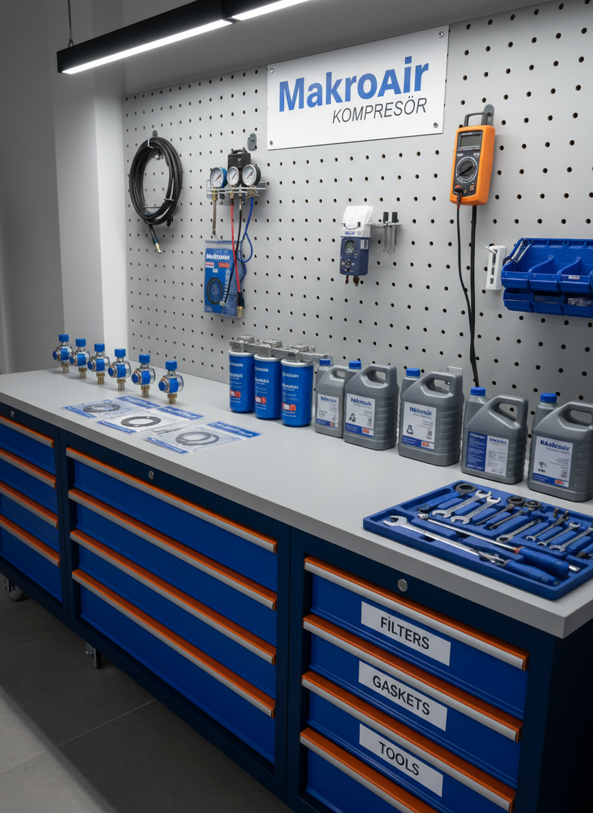 A meticulously organized air compressor maintenance bench displaying neatly laid-out service tools, original filters, oil containers, pressure regulators, and gasket sets, all branded with Makroair Kompresör colors and logos. The bench surface is a clean, matte gray worktop, with labeled storage drawers beneath and a pegboard wall behind holding additional diagnostic instruments. Even, neutral workshop lighting from overhead illuminates every detail without harsh glare, creating soft, controlled shadows that emphasize orderliness. Captured from a slightly elevated, three-quarter angle, the composition focuses on the readiness and professionalism of the service environment. The photographic realism and clean, technical atmosphere communicate thorough after-sales support, expert maintenance, and reliable spare parts availability without any visual clutter.