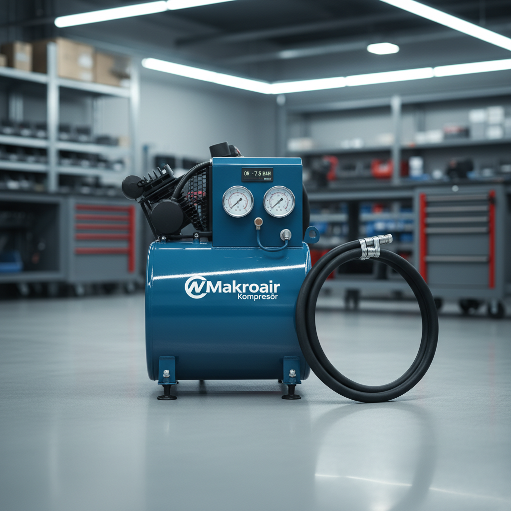 A sleek industrial air compressor with a glossy Makroair Kompresör logo on its steel blue housing, positioned in the center of a spotless modern workshop floor painted light gray. Heavy-duty hoses are neatly coiled beside it, and clearly labeled pressure gauges gleam on the control panel. Cool, diffused overhead LED lighting creates crisp reflections on the metal surfaces and soft shadows beneath the machine. The background shows blurred outlines of neatly arranged tool cabinets and storage racks, emphasizing order and professionalism. Captured at eye level with sharp focus throughout, the composition uses the rule of thirds to highlight the compressor as the hero. The photographic realism and clean, modern aesthetic convey reliability, precision, and high-quality service.